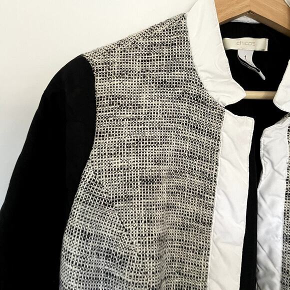 Chico's cotton linen women's size L bomber jacket padded arms knit torso gray - Picture 2 of 6